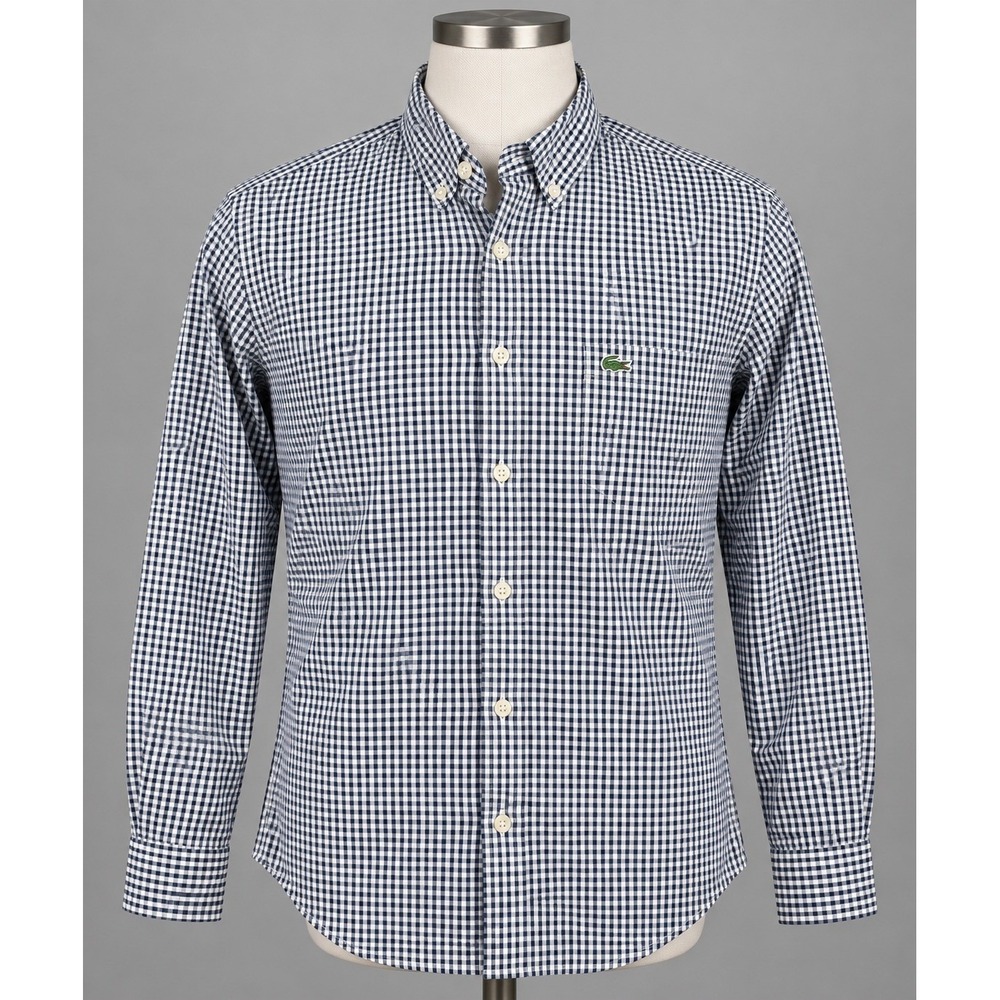 Lacoste Button Down Shirt Men Large L Navy Blue Gingham Check Logo Regular Fit